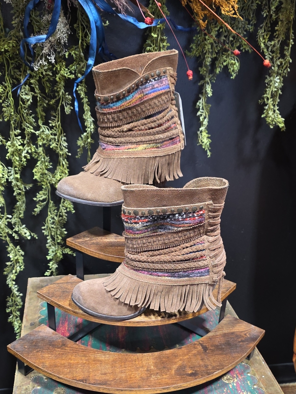 Naughty Monkey Brown Suede Fringe Ankle Boots with Multicolor Yarn Trim